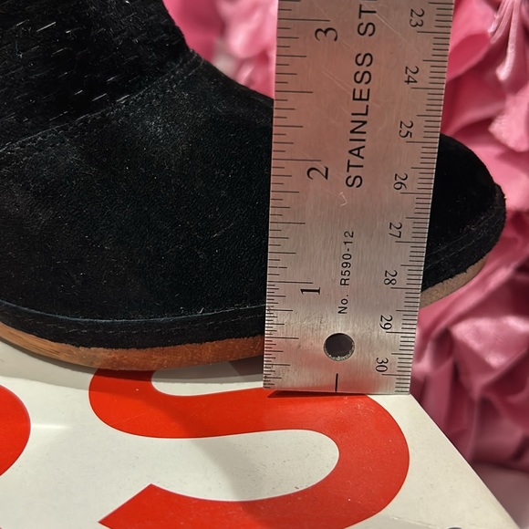 Black Suede Mules With Brass Hardware and Wooden Wedge-sz 9 - Picture 7 of 9
